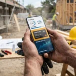 Professionnel du bâtiment comparant les cartes de fidélité pro sur son smartphone sur un chantier de construction.