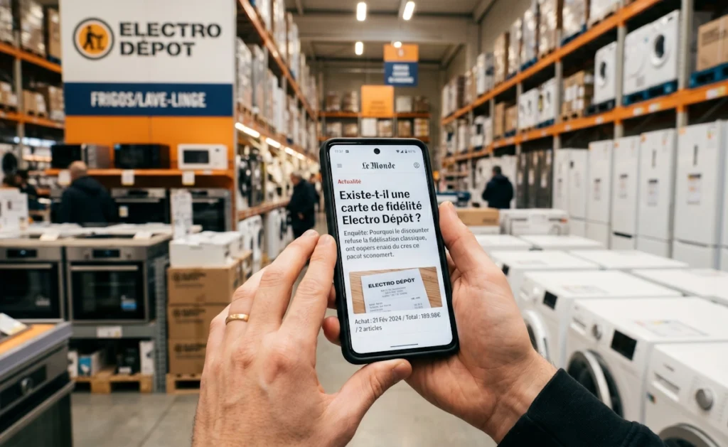 Un consommateur lit une actualité sur smartphone concernant l'absence de carte de fidélité dans un magasin Electro Dépôt.