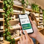Client utilisant son smartphone pour consulter ses points de fidélité et son offre de parrainage dans une boutique Aroma-Zone.