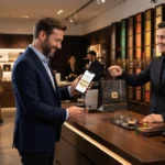 Un client avec le statut Ambassador affiche son profil de fidélité sur son smartphone lors de son passage en caisse dans une boutique Nespresso.