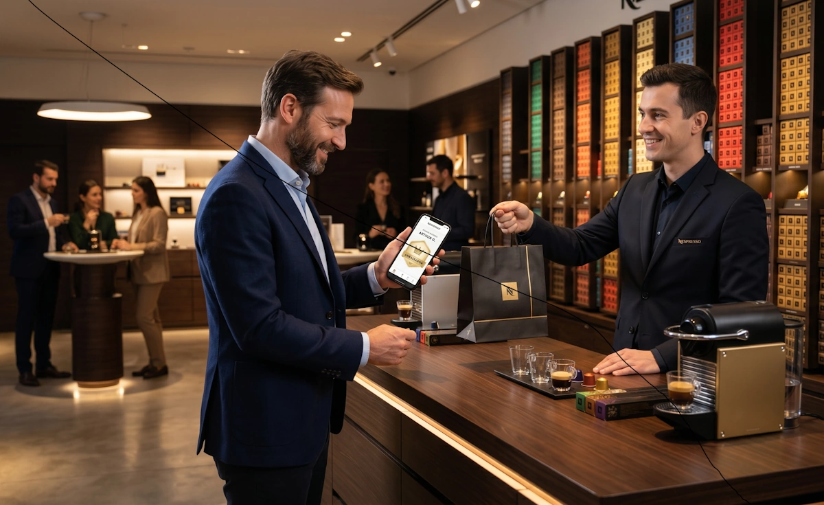 Un client avec le statut Ambassador affiche son profil de fidélité sur son smartphone lors de son passage en caisse dans une boutique Nespresso.