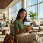 Voyageur souriant consultant son espace fidélité Air Caraïbes sur son smartphone dans un salon aéroportuaire VIP.