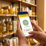 Cliente consultant son compte L'Occitane Provence Club sur smartphone en boutique, affichant le statut Amande et un bon de réduction de 10 euros.