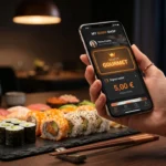 Application mobile My Sushi Shop sur smartphone affichant le solde de la cagnotte fidélité lors d'un repas.
