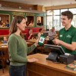 Un client sourit en présentant son application de fidélité Appti sur son smartphone à la caisse d'un restaurant Crocodile.