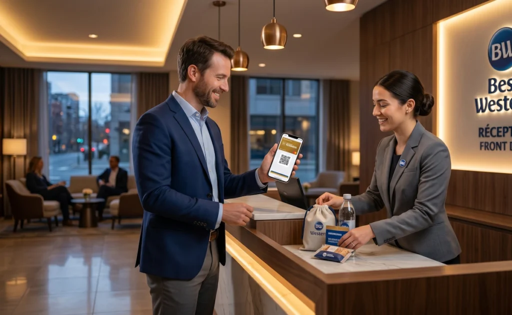 Un client de l'hôtel présentant sa carte de fidélité numérique Best Western Rewards sur son smartphone à la réception.