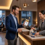Un client de l'hôtel présentant sa carte de fidélité numérique Best Western Rewards sur son smartphone à la réception.