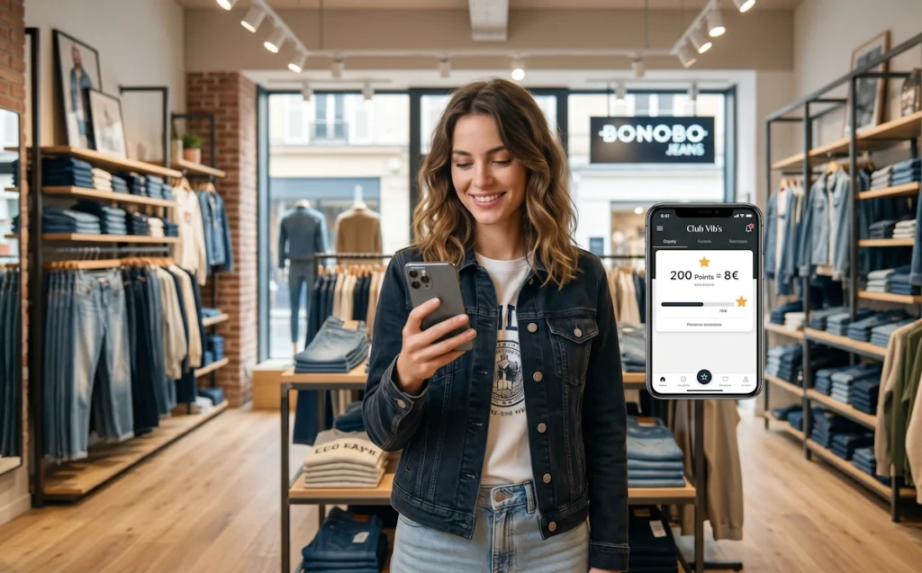 Cliente souriante consultant ses points de fidélité Club Vib's sur son smartphone dans une boutique Bonobo.