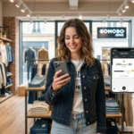 Cliente souriante consultant ses points de fidélité Club Vib's sur son smartphone dans une boutique Bonobo.