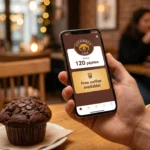 Client utilisant son smartphone pour consulter son solde de pépites sur la Web App de fidélité dans un coffee shop Columbus Café.