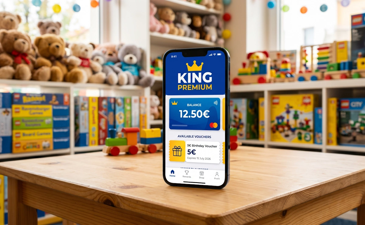 Smartphone affichant l'application de fidélité King Premium posé sur une table dans un magasin King Jouet.