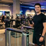 Un membre Fitness Park présente son statut Level Up sur l'application mobile à l'entrée de la salle de sport.