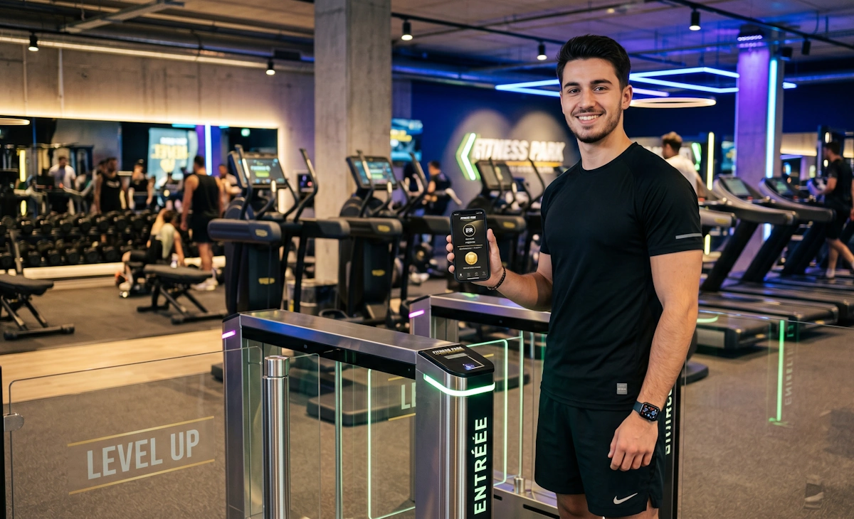 Un membre Fitness Park présente son statut Level Up sur l'application mobile à l'entrée de la salle de sport.