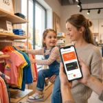 Parent utilisant l'application My TAO Community de Tape à l'œil pour profiter d'un chèque fidélité en magasin.