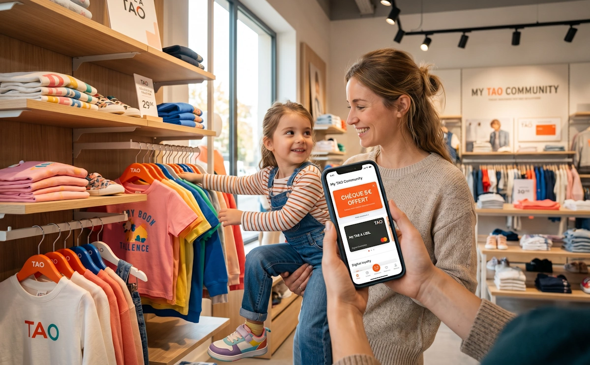 Parent utilisant l'application My TAO Community de Tape à l'œil pour profiter d'un chèque fidélité en magasin.