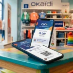 Smartphone affichant la cagnotte du programme de fidélité OK+ posé dans un magasin Okaïdi.