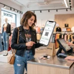 Une jeune cliente utilisant son programme de fidélité Pimkie sur son smartphone lors de son passage en caisse.