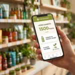 Application mobile du programme de fidélité YVES ROCHER+ affichée sur un smartphone en magasin.