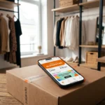 Smartphone affichant l'application du programme de fidélité Zalando Plus avec un solde de points, posé sur un colis mode.