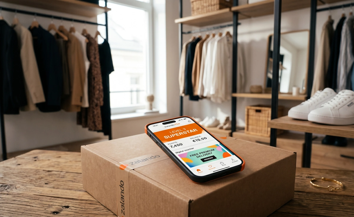 Smartphone affichant l'application du programme de fidélité Zalando Plus avec un solde de points, posé sur un colis mode.