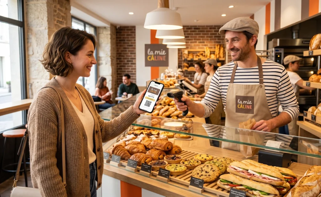 Un client souriant présente sa carte de fidélité dématérialisée sur son smartphone à la caisse d'une boutique La Mie Câline.
