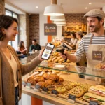 Un client souriant présente sa carte de fidélité dématérialisée sur son smartphone à la caisse d'une boutique La Mie Câline.
