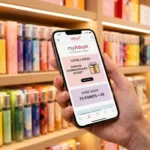 Client consultant son compte fidélité myAdopt sur smartphone en boutique pour récupérer son parfum d'anniversaire gratuit.