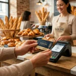 Un client présentant sa carte de fidélité à la caisse d'une boulangerie artisanale pour cagnotter des euros.