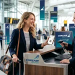 Un voyageur souriant présente sa carte de fidélité numérique Club Corsair sur son smartphone à l'hôtesse lors de l'enregistrement à l'aéroport.