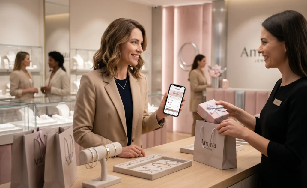 Cliente souriante utilisant son compte de fidélité sur smartphone dans une boutique L'Atelier d'Amaya.