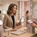 Cliente souriante utilisant son compte de fidélité sur smartphone dans une boutique L'Atelier d'Amaya.