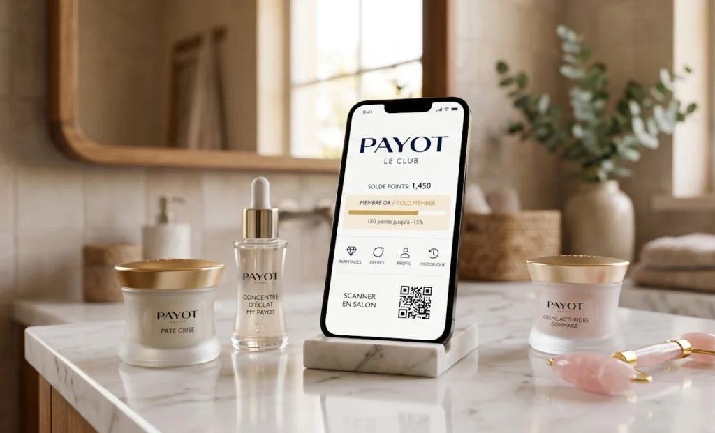 Smartphone affichant le programme de fidélité Le Club Payot posé à côté de soins cosmétiques haut de gamme
