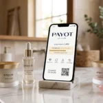 Smartphone affichant le programme de fidélité Le Club Payot posé à côté de soins cosmétiques haut de gamme