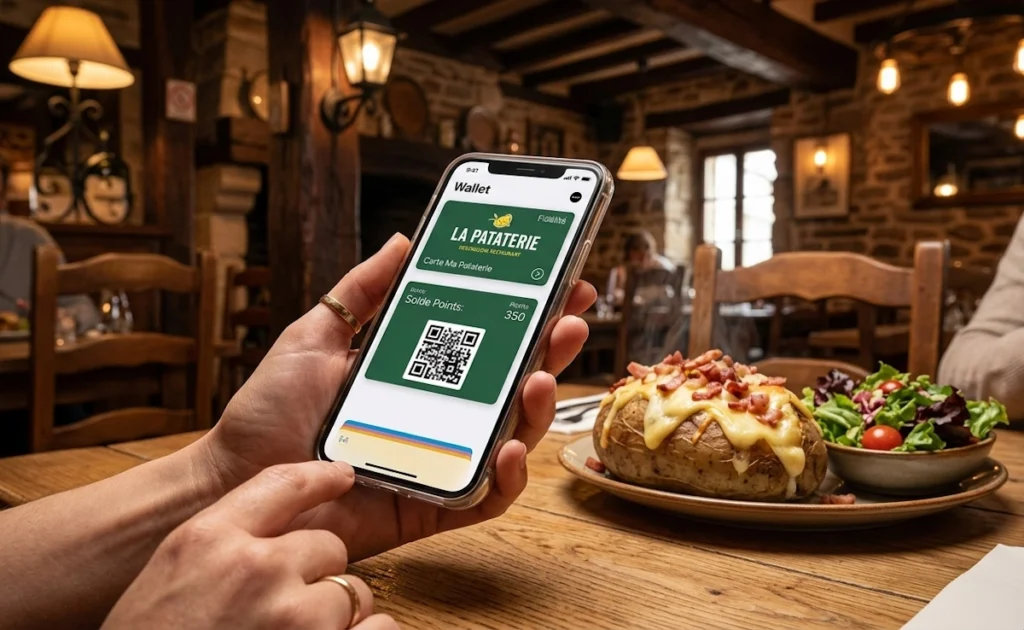 Un client utilisant sa carte de fidélité numérique La Pataterie sur son smartphone dans un restaurant à l'ambiance rustique.