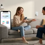 Une utilisatrice TAPO partageant son lien de parrainage fidélité depuis son smartphone dans sa maison connectée.