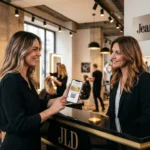 Une cliente heureuse consultant son application de fidélité sur smartphone à l'accueil d'un salon de coiffure Jean Louis David