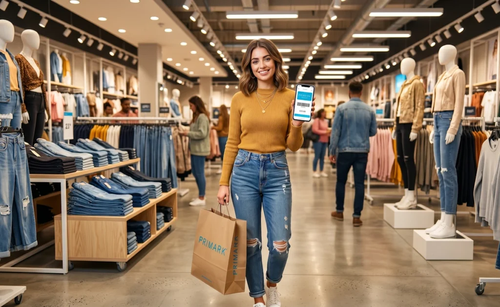 Une cliente souriante faisant du shopping dans un magasin Primark avec son smartphone.