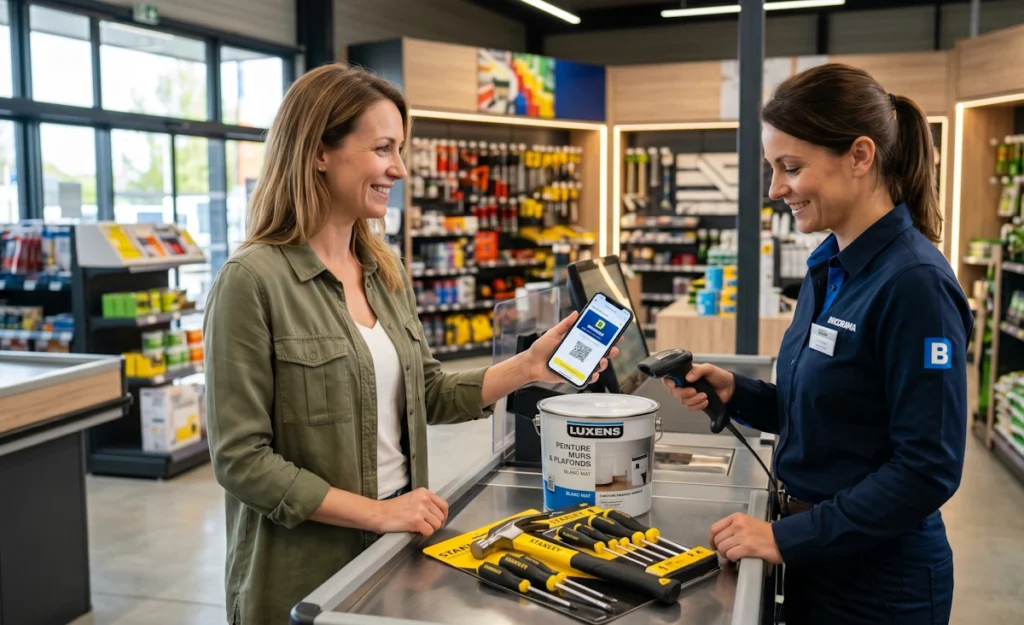 Un client satisfait présente sa carte de fidélité numérique Bricorama sur son smartphone lors de son passage en caisse avec des articles de bricolage.