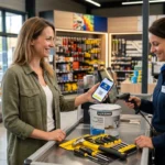 Un client satisfait présente sa carte de fidélité numérique Bricorama sur son smartphone lors de son passage en caisse avec des articles de bricolage.