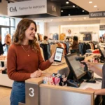 Une cliente souriante présente sa carte de fidélité dématérialisée C&A for you sur son smartphone à la caissière du magasin.