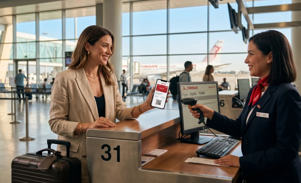 Une voyageuse souriante montre le code-barres de sa carte de fidélité numérique Tunisair Fidelys Classic sur son smartphone à l'enregistrement.