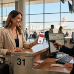 Une voyageuse souriante montre le code-barres de sa carte de fidélité numérique Tunisair Fidelys Classic sur son smartphone à l'enregistrement.