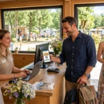 Un père de famille présente son application de fidélité My Flower sur son smartphone à la réception d'un Flower Campings.