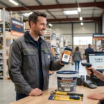 Un artisan professionnel présente sa carte de fidélité dématérialisée Club M sur son smartphone à la caisse d'un magasin Bricoman.