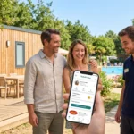 Des clients présentent leur compte de fidélité digital Yelloh! Plus sur smartphone à la réception du camping haut de gamme.