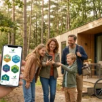 Une famille arrive dans un cottage Center Parcs et consulte ses avantages du programme de fidélité Friends sur smartphone.