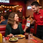 Un client sourit en présentant sa carte de fidélité digitale Buffalo Pass sur son smartphone au serveur.