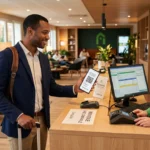 Un voyageur souriant montre son application de fidélité Flavours Instant Benefit sur son smartphone à la réception de l'hôtel Campanile.