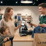 Une jeune maman présente son compte de fidélité La Halle Ma Tribu sur son smartphone au moment de régler ses achats en caisse.