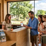 Famille à l'accueil d'un village vacances VVF profitant de ses avantages fidélité et parrainage sur smartphone.